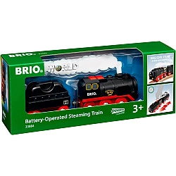Wooden train with battery-powered steam