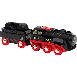 Wooden train with battery-powered steam
